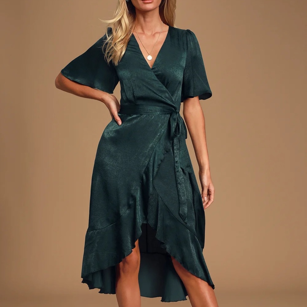 Lulus Wrapped Up In Love Dark Green Satin Faux-Wrap Midi Dress